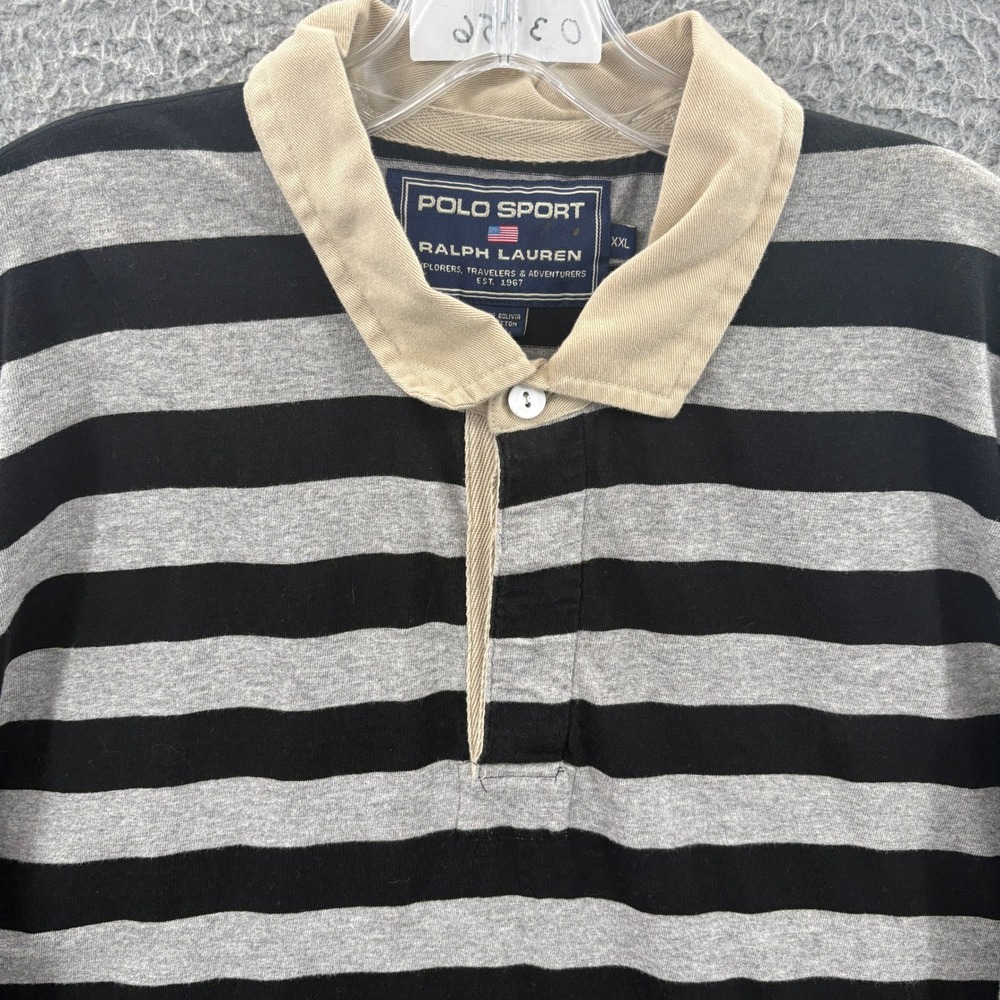 Polo Sport Ralph Lauren Rugby Shirt Mens XXL Gray Black Striped Short Sleeve